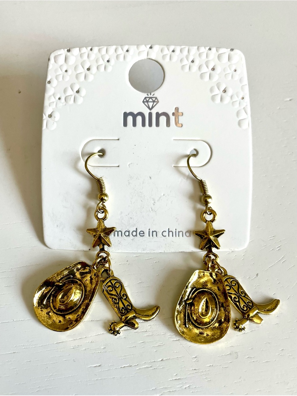 Mint Western Cowgirl Rodeo Dangle Earrings Gold Hat Boot Southwestern Country